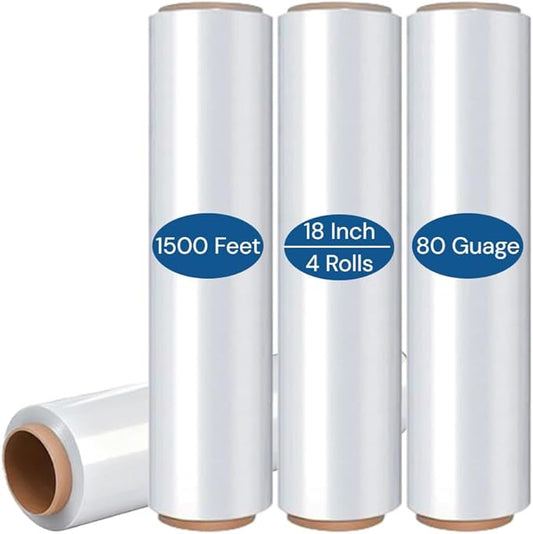 Industrial Stretch Wrap Roll– 18" x 1500 Ft, 80 Gauge Clear Stretch Film Pallet Shrink Wrap for Moving, Packing, Shipping, Storage & Furniture Protection（4 Rolls)
