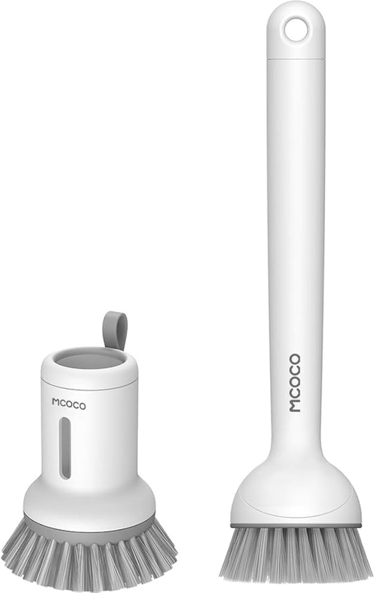 MCOCO Dish Brush Set with Soap Dispensing Palm Brush Dish Scrub Brush with Soap Dispenser Palm Dish Brush Kitchen Cleaning Brush with Ergonomic Long Handle for Cleaning Sink, Pot, Pan, Stove, White