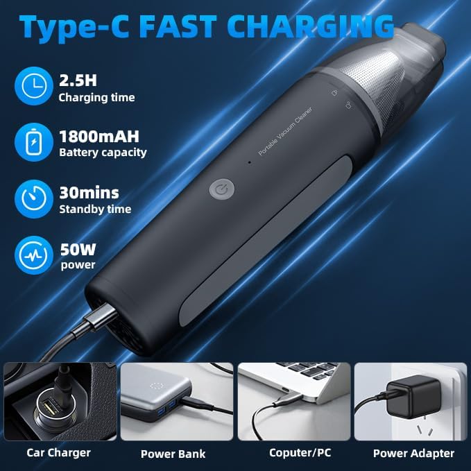 PATO Cordless Handheld Vacuum Cleaner, Mini Car Vacuum with Powerful Suction, Portable Dust Collector Matte Black.