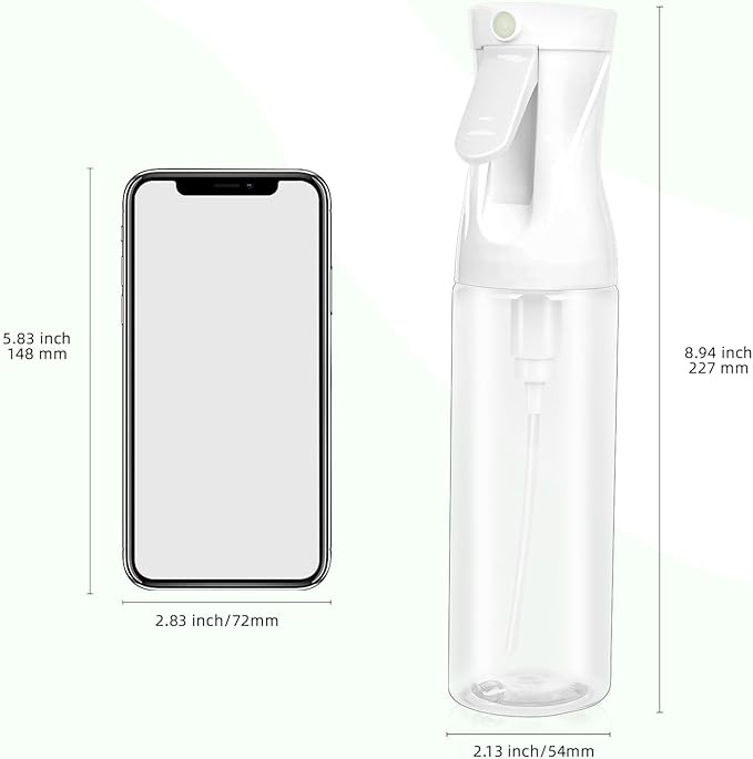 Continuous Spray Bottle – Patented Superior Ultra-Fine Mist Sprayer for Hair Styling, Plants & Cleaning, Durable 360° Leak-Proof BPA-Free Refillable Mister, White 300 ml / 10 oz