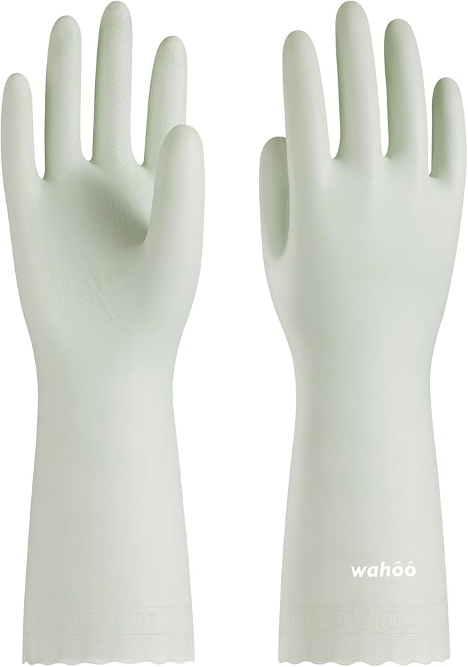 wahoo Skin-Friendly Cleaning Gloves, Reusable Dishwashing Gloves with Flocked Cotton Liner, Dishwashing, Kitchen, Canary Green, Medium