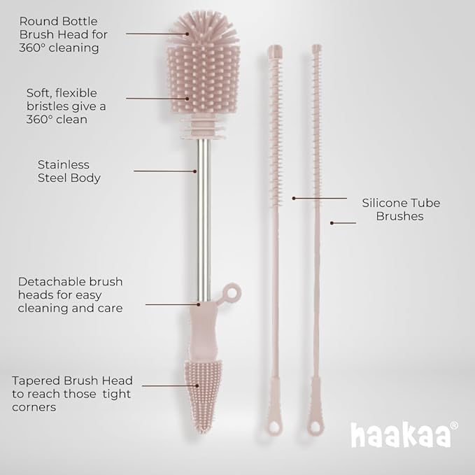 Haakaa Silicone Cleaning Brush Kit – Household Cleaning Brushes for Bottles and Crevices – Food-Grade Silicone: Dishwasher Safe (Kit-Mist Blue)