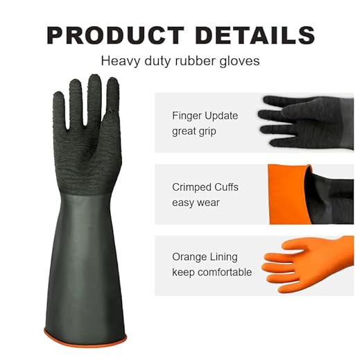 North Tower Heavy Duty Rubber Gloves, Industrial Gloves Waterproof Reusable Protective Work for Cleaning, Dishwashing, Upgraded with Non-Slip Design, Black（18in,1 pair）