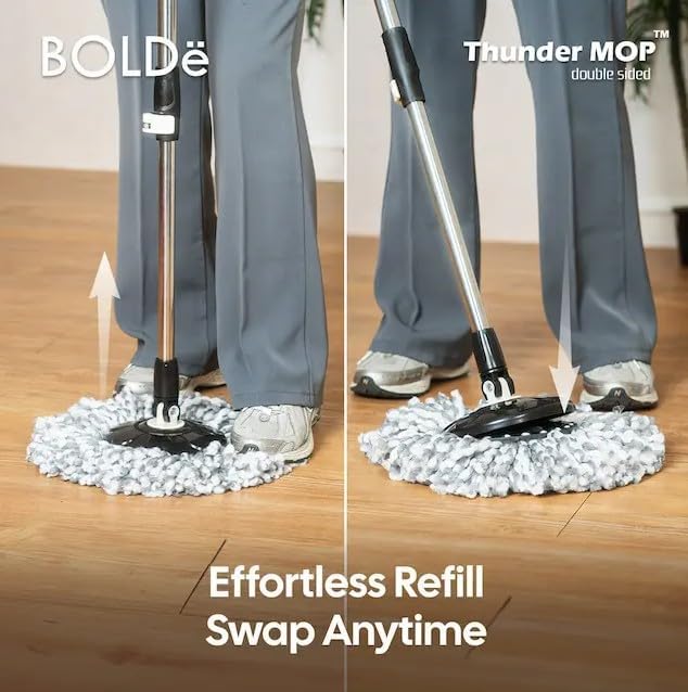 BOLDë Thunder Mop Spin System - Double-Sided - 2 Compact Stackable 6L Buckets, Microfiber Head, Stainless Steel Wringer, Antifungal Quick-Dry Cleaning, Soap Dispenser, 3 Free Refills (Yellow/Blue)