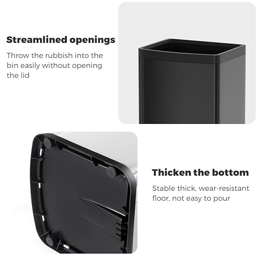 4 Gallon/15L Square Trash bin, Double Layer Bathroom Trash cans,Large Capacity,Elegant Garbage Can, for Home,Kitchen,Office,Hotel(15L Black)