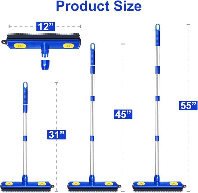 AODOZO Pet Hair Removal Broom - with 58" Telescopic Handle Broom with Squeegee - Fur Hair Remover Tool for Carpet Rugs, Mats. Hardwood, Tile, Window