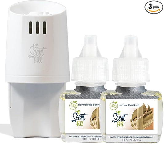 Scent Fill 100% Natural Palo Santo Plug in Air Freshener, Scented Oil Refills, 2 Refills + Diffuser