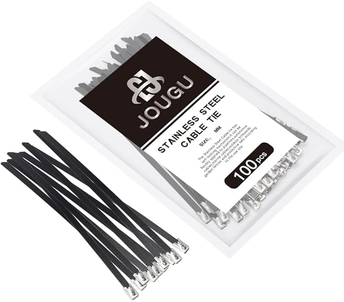 Metal Zip Ties Black 6 inch 304 Stainless Steel Epoxy Coated Locking Cable 220LB 150mm 100pcs Heavy Duty Exhaust Wrap Multi Purpose Binding for machinery, vehicles, farms, cables, pipes,Fence