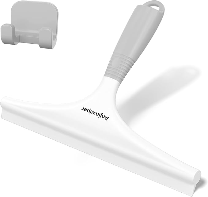 Anjinwiper Silicone Shower Squeegee with Hook, Bathroom Squeegee for Shower Glass, Squeegee for Shower Doors, Mirror and Window, Shower Squeegee for Tile Shower Walls(10 inch, White & Gray)