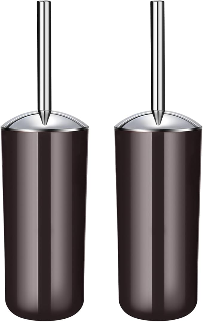 Toilet Brush and Holder Set of 2 | Great Value 2-Pack for Multiple Bathrooms | Sturdy Reinforced Handle for Durability | Discreet Enclosed Caddy | 360° Deep Cleaning Bristles | (Brown)