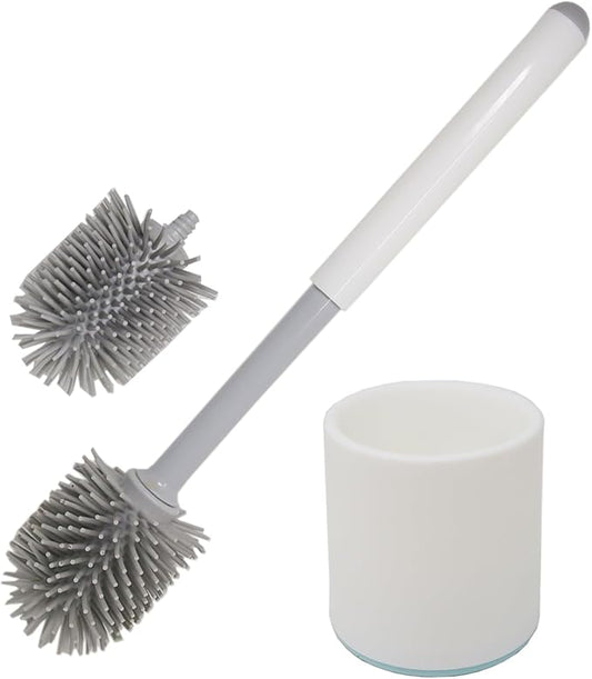 Don Aslett Silicone Toilet Bowl Brush Set (Gray) Includes Slim Brush Holder, Sturdy Handle, & 2 Replacement Heads with Durable Silicone Bristles | Easy to Clean & Compact Toilet Scrubber for Bathroom