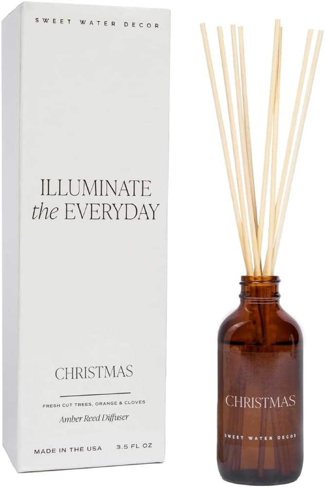 Sweet Water Decor Christmas Reed Diffuser Set - Christmas Scented Reed Diffuser w/Fresh Cut Trees and Orange Scent - Reed Diffusers for Home with Long Lasting Fragrance - Non-Toxic Oil Reed Diffuser