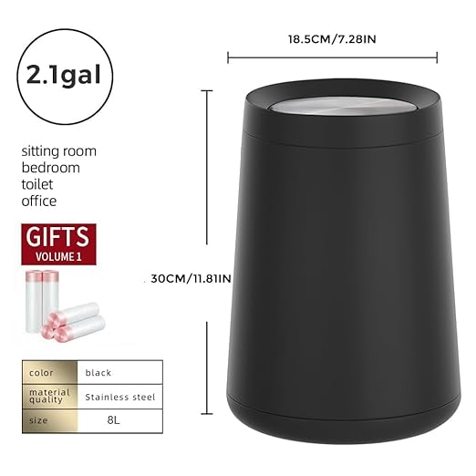 8L/2.1GALbrass Garbage can with Swing lid，Brushed Nickel Gold Trash can,Matte Gold Trash can for Bathroom,Powder Room,Bedroom,Laundry Room (Black -32-8l)