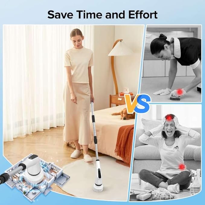 Electric Scrubber Brush, IPX7 Electric Scrubber for Shower, Electric Cleaning Brush Scrubber with 7 Replaceable Brush Heads & Retractable Handle, 2-Speed Adjustable Spin Cleaning Brush