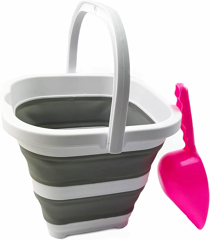 SAMMART Collapsible Rectangular Cleaning Bucket 5L (1.3 Gallon)- Foldable Camping Beach Sand Water Pot Pail- Portable Space Saving Tub for Household, Outdoor Car Washing (Grey + Pale Pink (Set of 2))