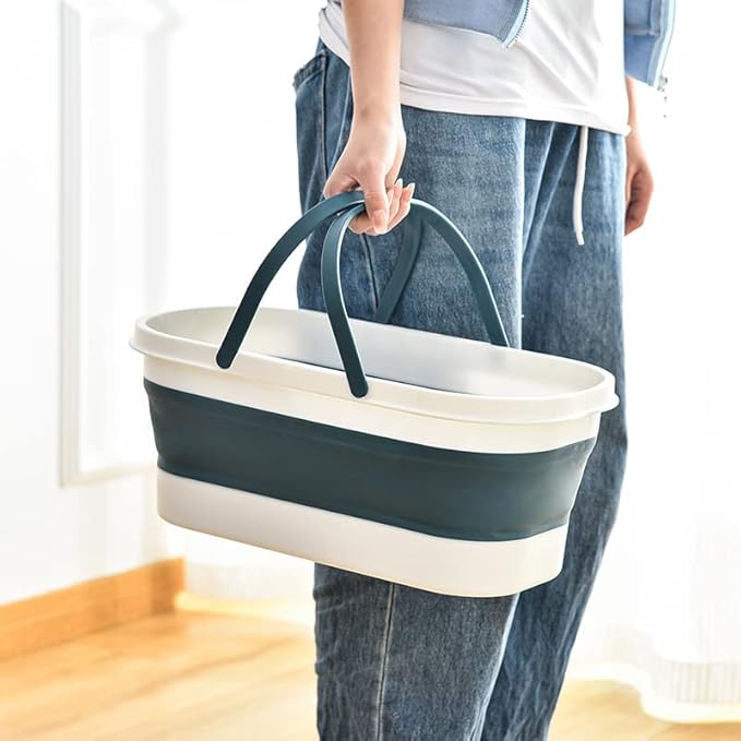 14L(3.7 Gallon) Collapsible Plastic Bucket with Wheels for House Cleaning, Multi-Purpose Rectangular Handy Basket for Cleaning Mop, Camping, RV (14L-Blue)