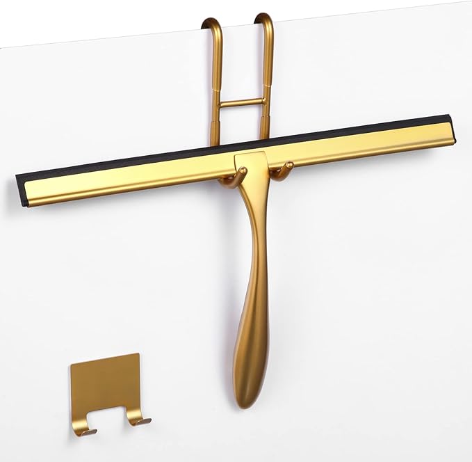 steauty Shower Squeegee for Glass Doors,10-Inch Shower Glass Squeegee, Gold Shower Squeegee for Shower Doors,Mirror,Windows, with Shower Door Hook and Adhesive Hook