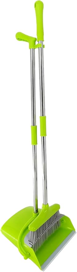 Xifando Extendable Long Handle Broom and Dustpan Set, Stainless Lightweight Upright Standing Broom and Dustpan Combo for Kitchen Lobby Office Living Room Household Indoor or Outside (Green)