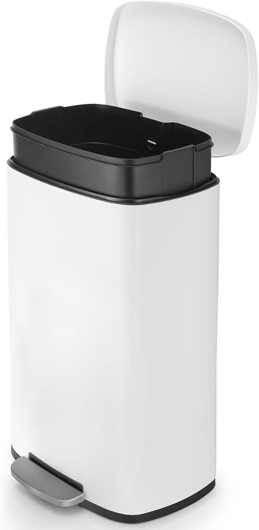 8 Gal Kitchen Trash Can, 30L Recycling or Garbage Bin, Brushed Stainless Steel Waste Basket, Soft&Quiet Close Dustbin, with Step-On Pedal, Removable Inner Bucket, for Home, Office, LIving Room