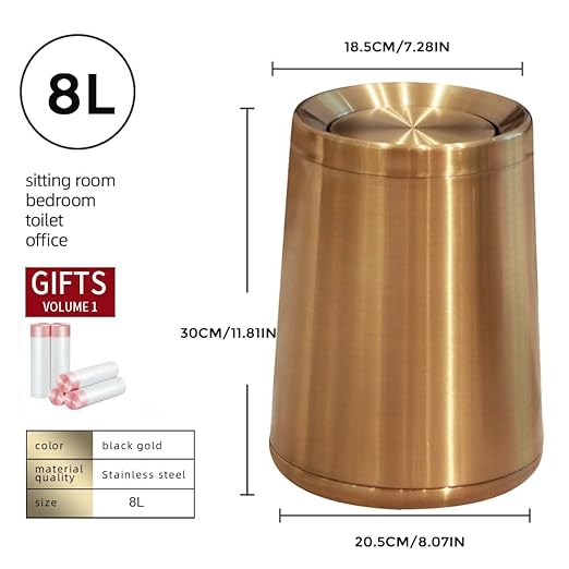 8L/2.1GALbrass Garbage can with Swing lid，Brushed Nickel Gold Trash can,Matte Gold Trash can for Bathroom,Powder Room,Bedroom,Laundry Room (Rose gold-32-8l)