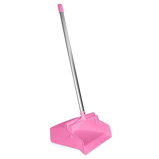 SPARTA Upright Dustpan with Aluminum Handle, Serrated Edge for Broom Combing, Secure Yoke Lock with Easy Storage Hanging Hole for Commercial Cleaning, Plastic, 30 Inches, Pink