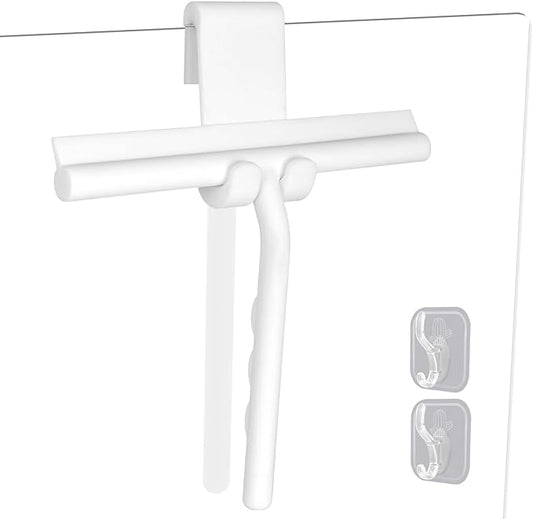 DEOFUXT Shower Squeegee for Glass Doors, Full Silicone Jacketed Squeegee with Ergonomic Handle & No-Drill Hook, Cleaning Tool for Windows, Mirrors, Tiles, Bathroom & Car - White