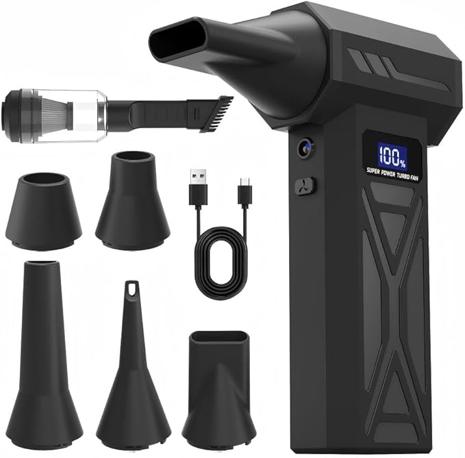 Nuoirjg 2-in-1 Air Duster and Vacuum Cleaner, 110000RPM Electric Blower with Screen Display and LED Lights, 4-Gear Adjustable Power,Dust Blower for Computer, Keyboard, House, Outdoor and Car