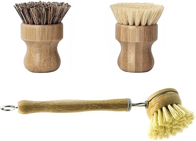 Wooden Dish Brush Set Clean Pots Bamboo Dish Brush - 1 Long Handle Dish Brush and 2 Palm Scrubbing Brush Scrub Brush for Pots, Pans & Dishes,Plastic Free Washing Up, Zero Waste Cleaning (3 Pack)