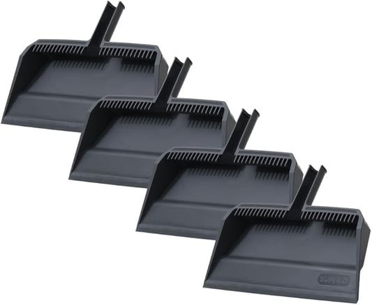 Superio 4-Pack Wide Plastic Dustpan with Comb - 16" Wide, Rubber Lip, Broom Handle Clip, Grey