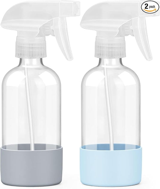 2 Pack Glass Spray Bottles 8 oz, Empty Refillable Containers with Silicone Sleeve Protection, Glass Spray Bottles for Cleaning Solutions, Hair and Plants with Adjustable Nozzles Blue&Grey