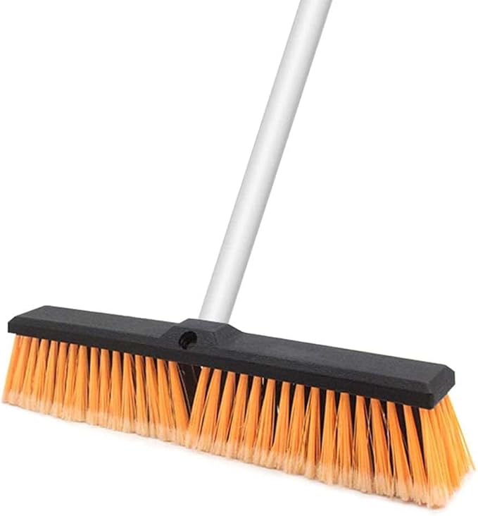 18" Push Broom Outdoor Heavy Duty with Stiff Bristles, Shop Broom with 63" Long Handle, Snow Broom Garage Push Broom for Concrete Wood Scrub Brush for Cleaning Shop Garage Deck Patio Driveway (Orange)