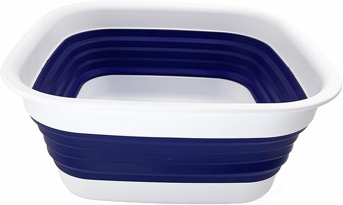 SAMMART 8L (2.1 Gallon) Collapsible Tub - Foldable Dish Tub - Portable Washing Basin - Space Saving Plastic Washtub (White/Navy Blue)
