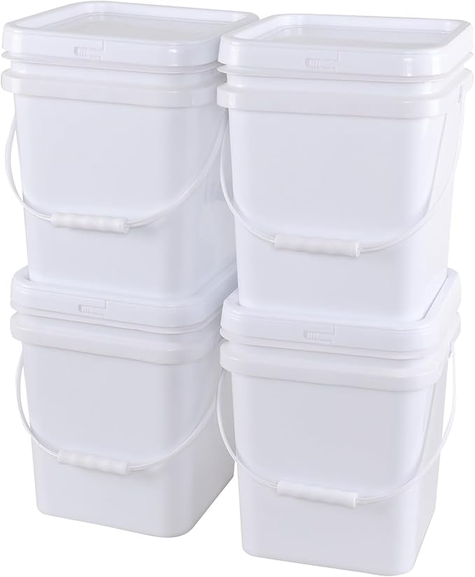 4.8 Gallon Plastic Square Bucket with Lid, 4 Pack White Food Bucket Pail with Handle