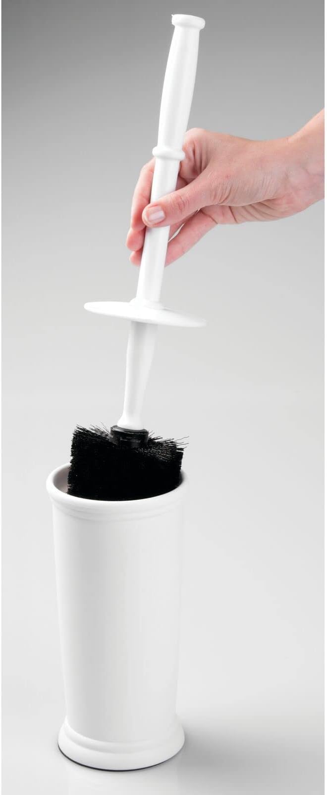 mDesign Toilet Bowl Brush and Holder - Covered Bathroom Brush - Standing Scrubber in Modern Holder - Compact, Space Saving, Deep Cleaning - White