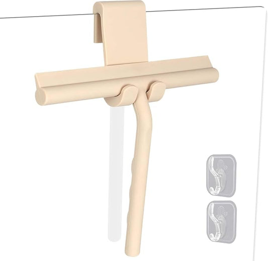 DEOFUXT Shower Squeegee for Glass Doors, Full Silicone Jacketed Squeegee with Ergonomic Handle & No-Drill Hook, Cleaning Tool for Windows, Mirrors, Tiles, Bathroom & Car - Beige