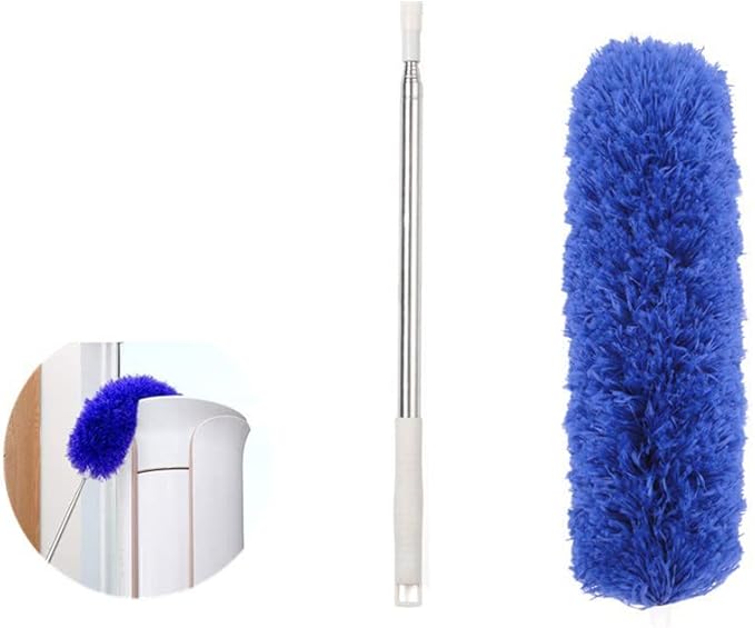 Ceiling Fan Feather Duster with Extension Pole, Cobweb & Corner Brush for Cleaning, Long Handle Aluminum Telescoping Pole, Washable, Blue, 250cm