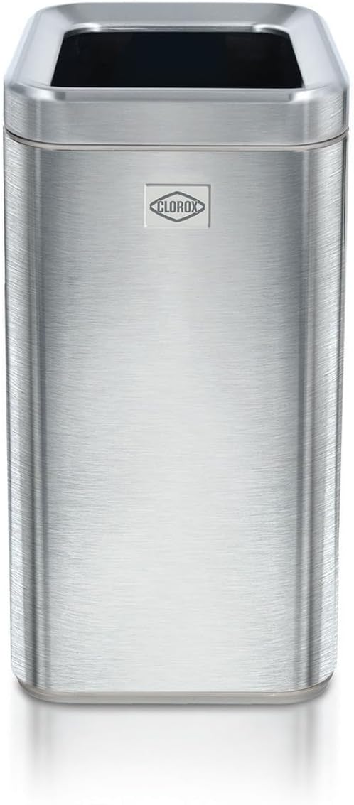 CLOROX Slim Open Trash Can - 2.6 Gallon (10 Liter) Small Metal Waste Basket with Removable Bucket for Narrow Spaces - Stainless Steel Garbage Bin for Bathroom, Bedroom, or Office