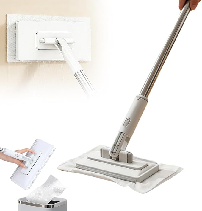 Snap Grip Mini Mop,Mini Sweeper Mop No-Touch Dirty Cleaning Flat Dust Mop for Dry Wet Disposable Pads,Corners Wall Multi Surface Cleaning (White 10.2x48.4 inch)
