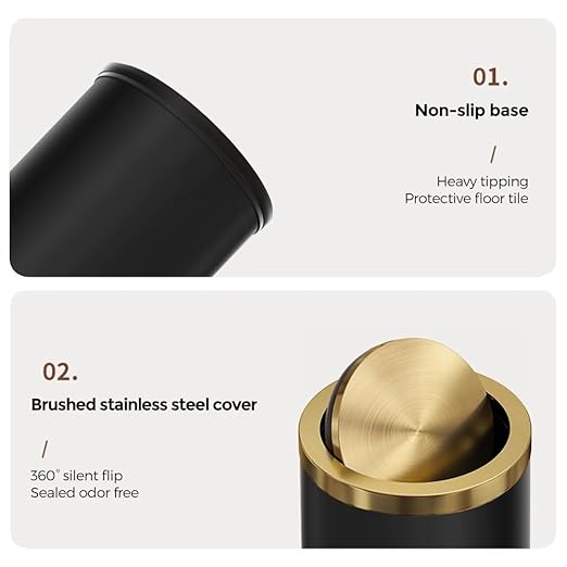 Stainless Steel Wastebasket, Small Black and Gold Trash Can with Lid, 9L / 2.4 Gallon for Bathroom, Bedroom, Office, Hotel