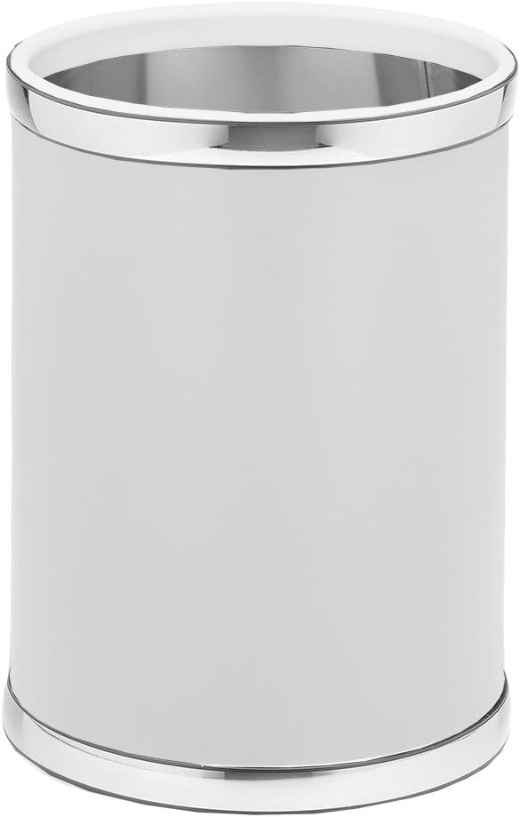 Kraftware Leatherette Round Waste Basket, 11", White/Polished Chrome