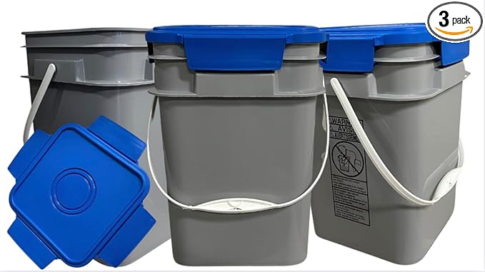 House Naturals 4 Gallon Square Bucket Pail with Plastic Handles and Blue Lid (3 Pack)