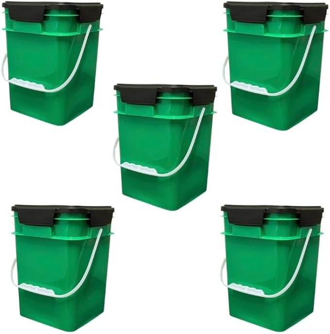 House Naturals 4 Gallon Square Buckets with lids- Made in USA Container- Pack of 10 (Green - Black lids)