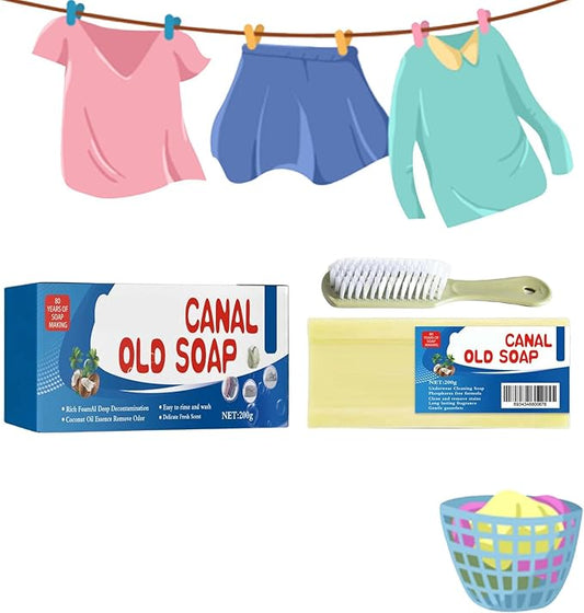 Canal Old Soap with Brush, Grand Old Soap for Stains, Canal Underwear Cleaning Laundry Long Lasting Fragrance Soap Bars, Gentle Not Hurt Hands Removing Old Stains (1PCS)