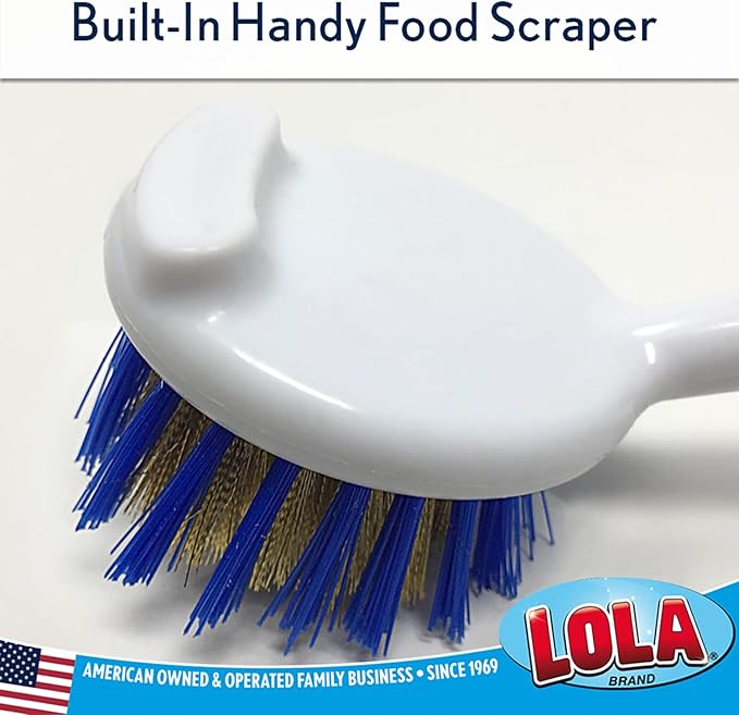 LOLA Pro Pot N' Pan Brush, 6 Pack, Abrasive Cleaning, Poly & Brass Wire Bristles, Comfort Rubber Grip, Use for Caked-On & Baked-On Messes