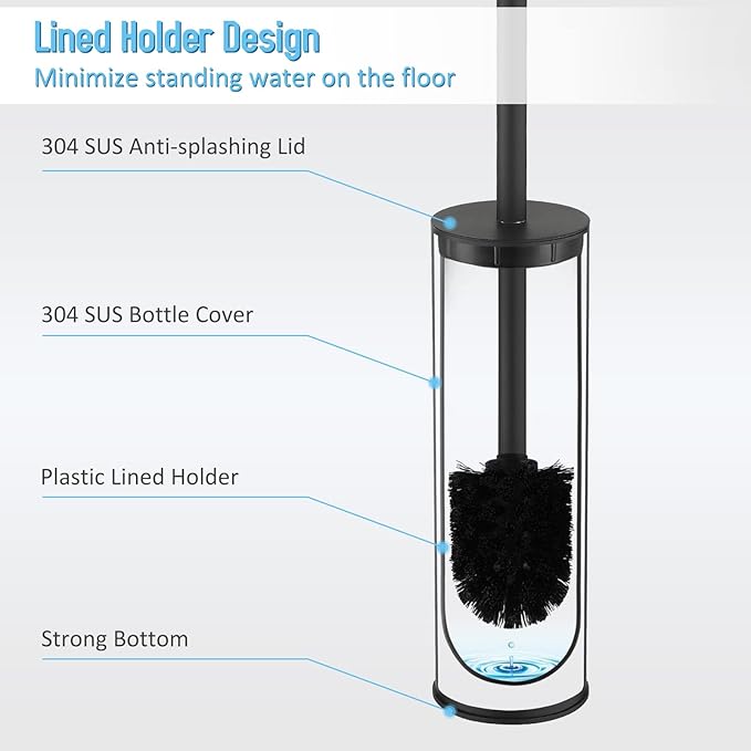 Kelirol Toilet Brush and Holder Set Black Stainless Steel, 304 Heavy Duty Round Toilet Brush Set – Rust Resistant, Long Handle, Replacement Heads, Floor Standing Bathroom Toilet Cleaning Brush