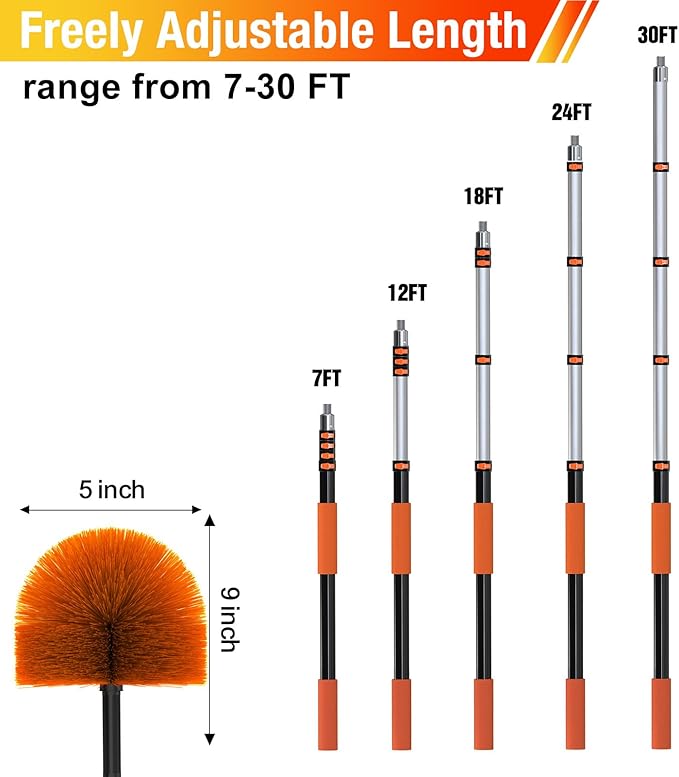 LAANPOLE 30FT (36FT Reach) Cobweb Duster with Extension Pole, Spider Web Brush for Cleaning Extendable, Professional Ceiling and Corner Dusters for Outdoor Indoor Use