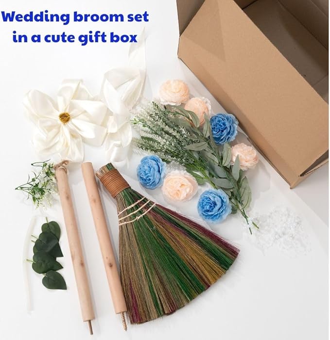 TTS For Home - Elegant Wedding Brooms Bride Bridegroom, Jumping The Broom for Wedding, Natural Whisk Broom with Ribbons, Artificial Pearl, Leaves,Roses for Decorative