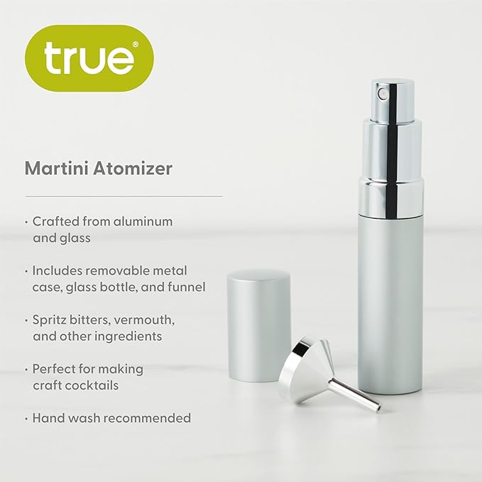 True Martini Atomizer Bar Mister, 15ml Capacity Vermouth Sprayer for the Perfect Dry Martini, Cocktail Mist Sprayer for Whiskey, Absinthe, Bitters & Aromatics, Refillable Glass Canister with Funnel