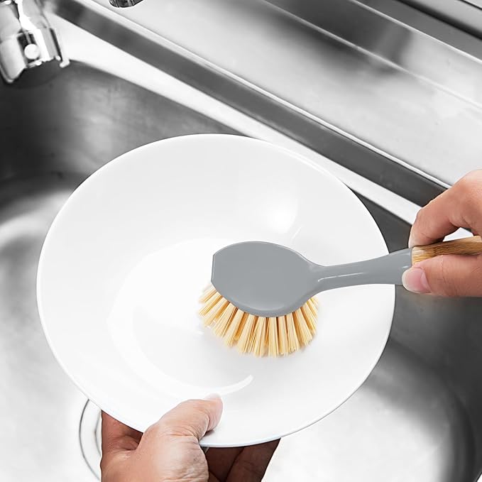 2 Pack Dish Brushes with Bamboo Handle, Kitchen Dish Scrubber Built-in Scraper, Scrub Brush for Pans, Pots, Counter & Kitchen Sink Cleaning, Dishwashing and Cleaning, Perfect Cleaning Tools, Gray