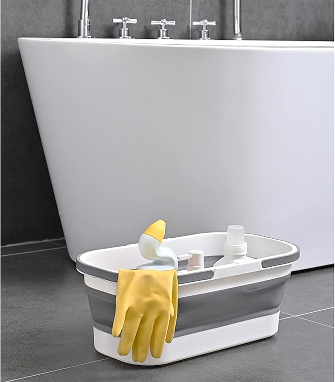 Collapsible Bucket with Wheels 14L (3.7 Gallon) - Versatile and Durable for House Cleaning, Camping, and RV - Convenient Rectangular Mop Cleaning Basket - Lightweight & Compact (14L-Grey)